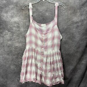 Krista Larson Lagenlook Purple Plaid Cotton Button Front Mini Dress Tunis Top OS